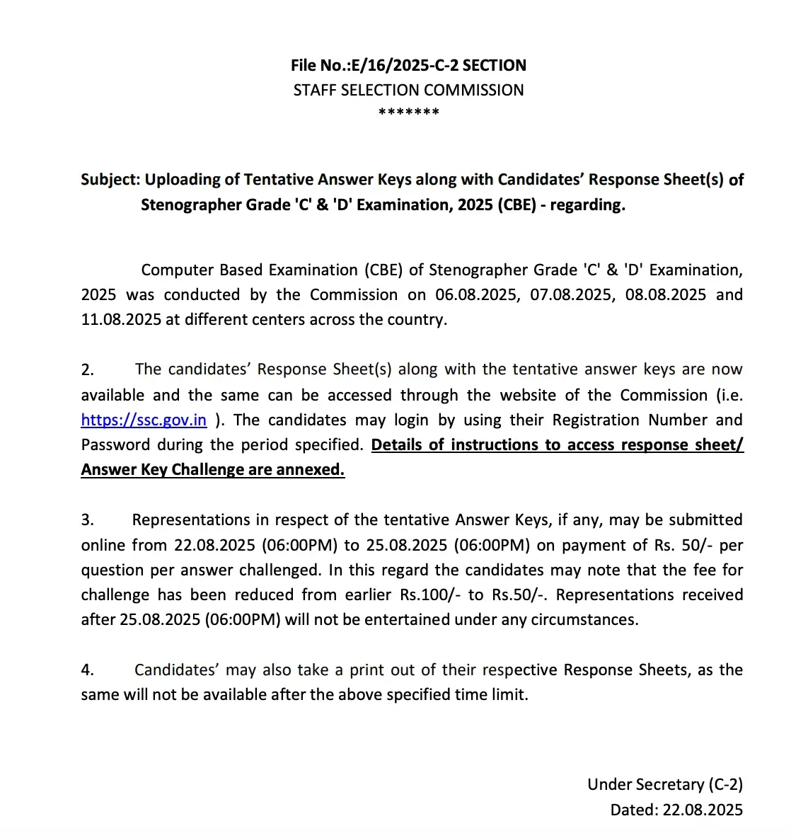 SSC Stenographer answer key 2025