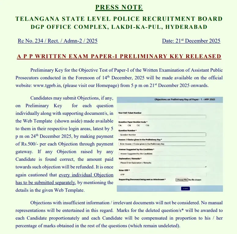 TSLPRB Assistant Public Prosecutor Answer Key 2025 Out, Prelims Key PDF