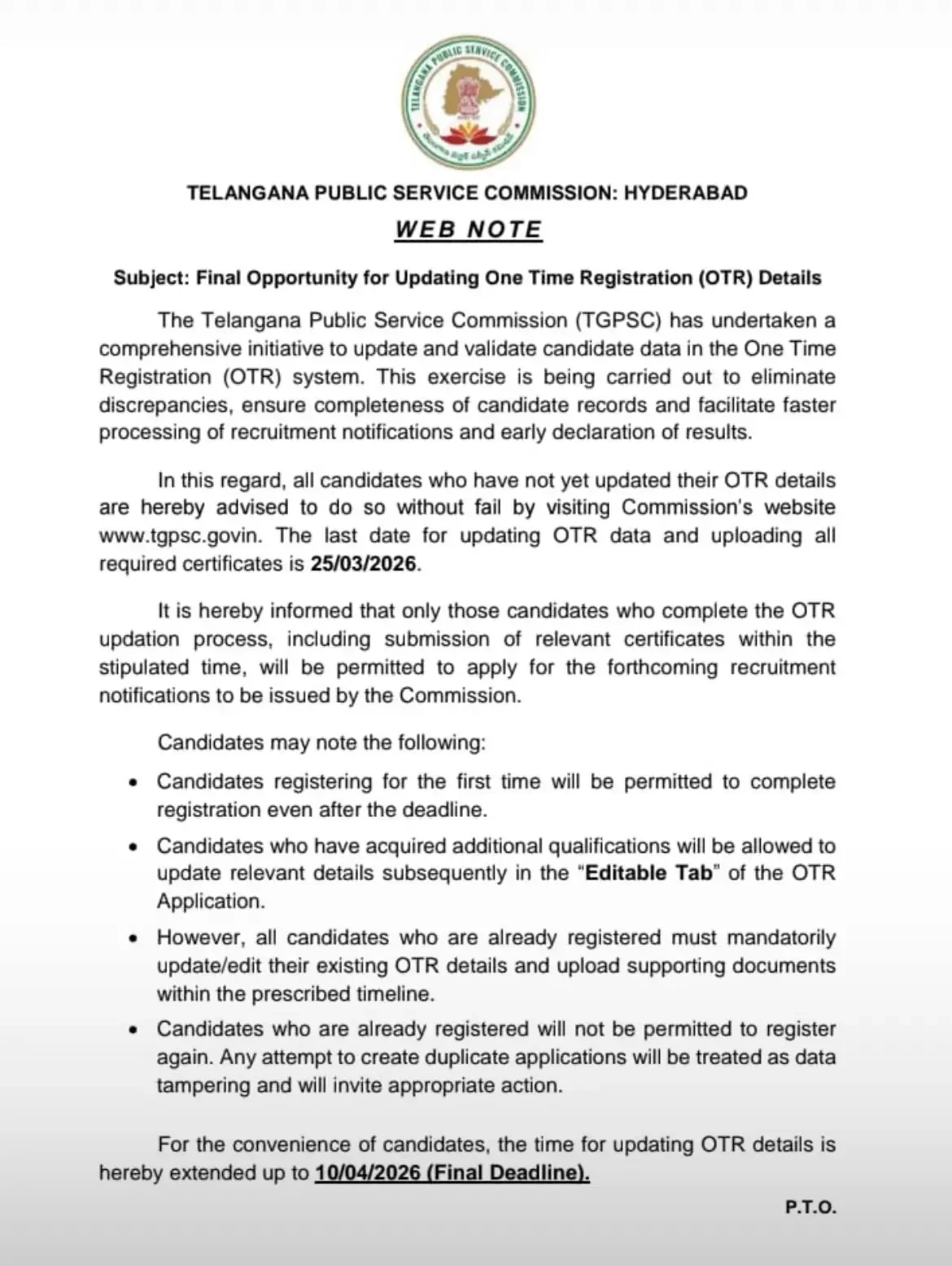 TGPSC OTR 2026 Last Date Extended Again
