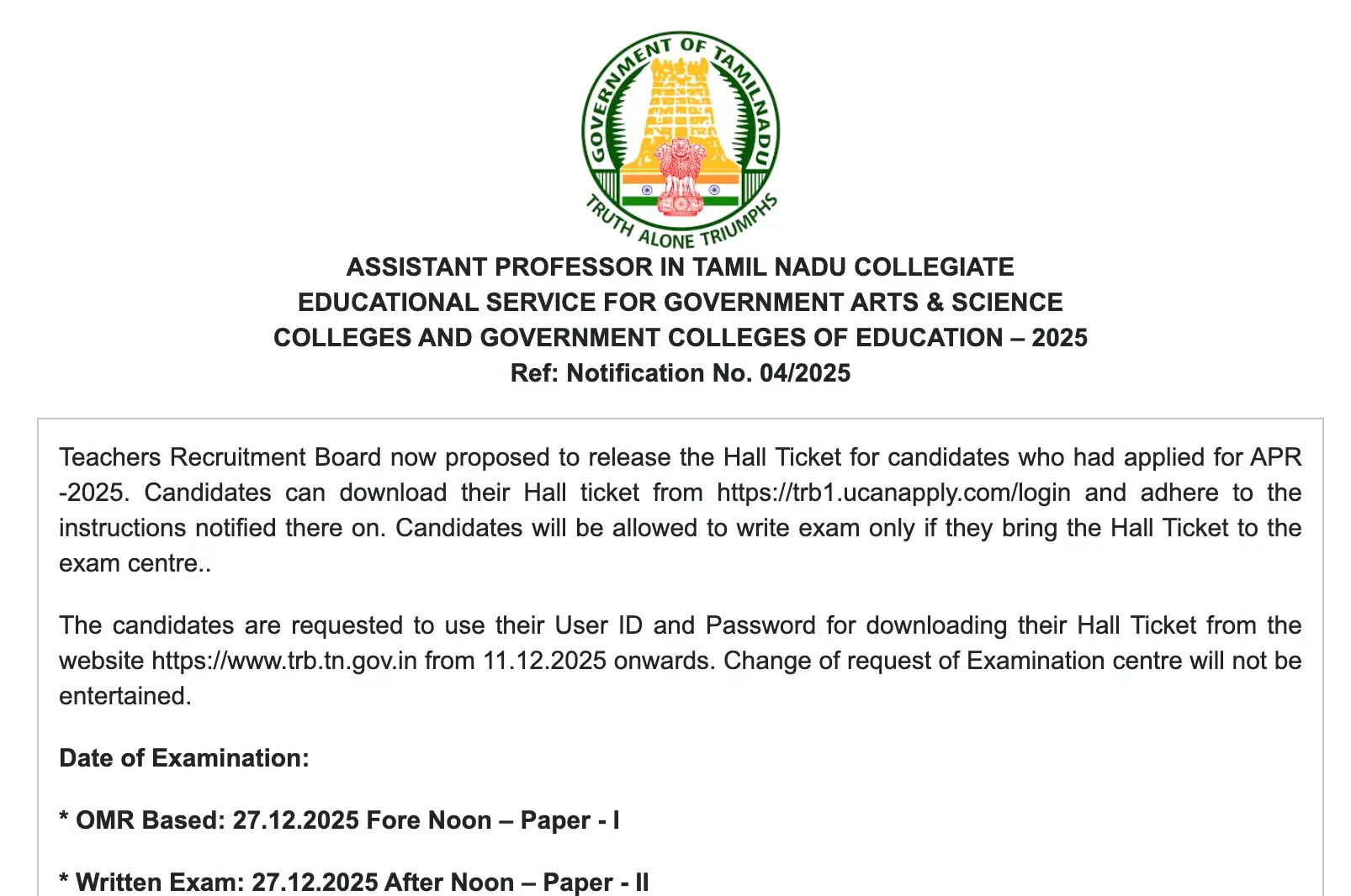 TN TRB Assistant Professor Recruitment 2025 Exam Schedule
