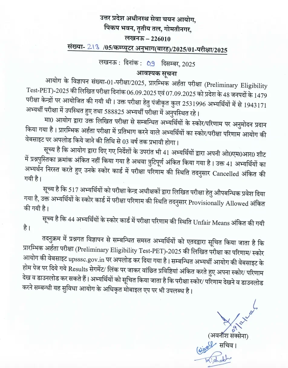 UPSSSC PET Result 2025 Out @upsssc.gov.in, Score Card Updated Link