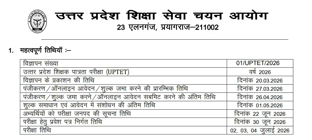UPTET Exam Date 2026 Announced, Exam Starts from 2 July_3.1