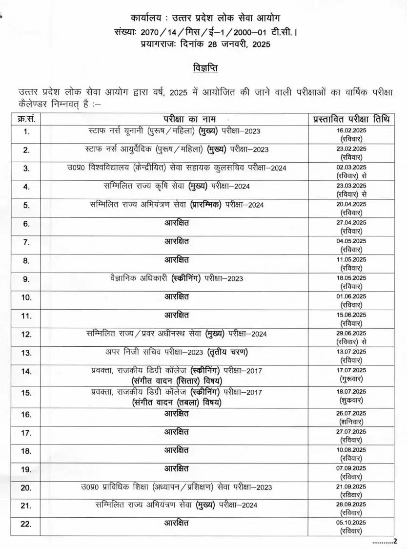 UPPSC Exam Calendar 2025 Overview
