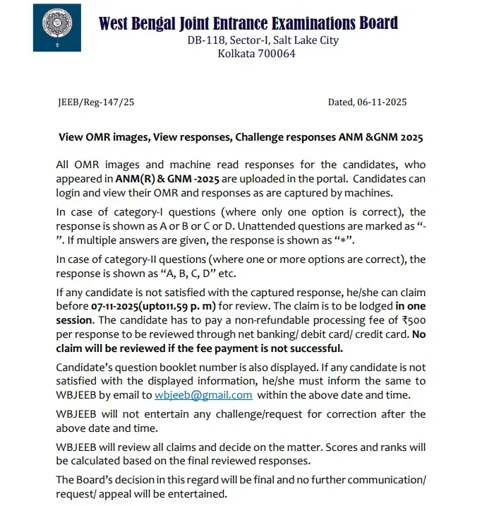 WB ANM GNM Response Sheet 2025 Out, Answer Key Link