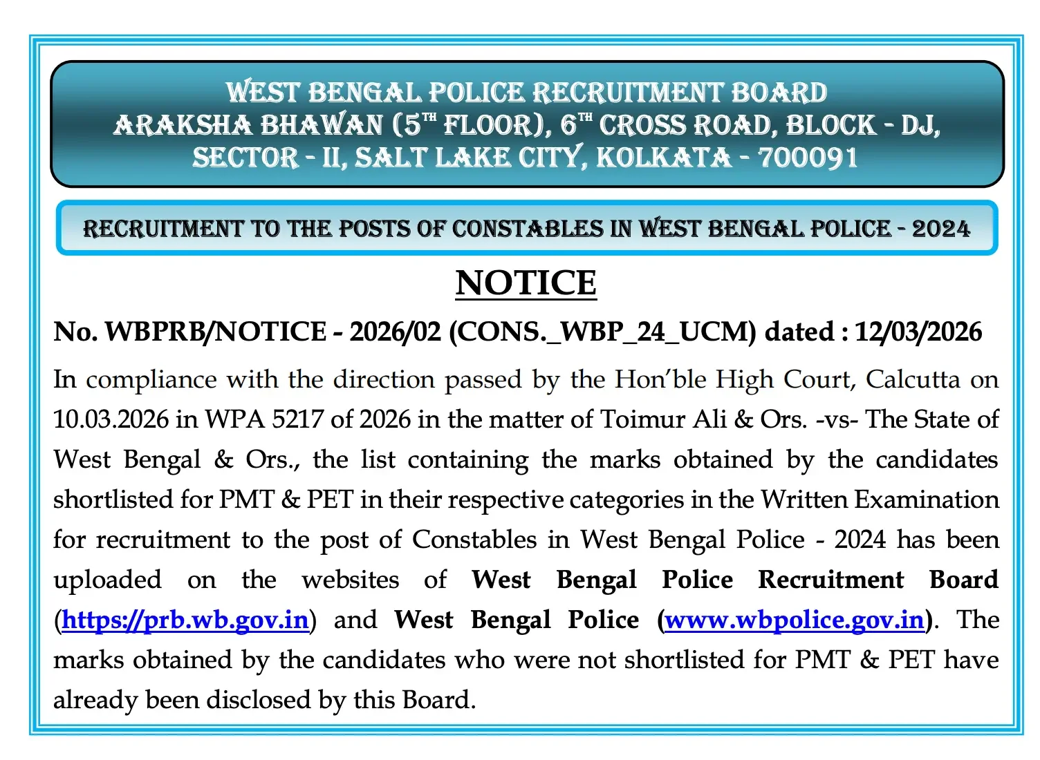 WBP Constable Revised Result