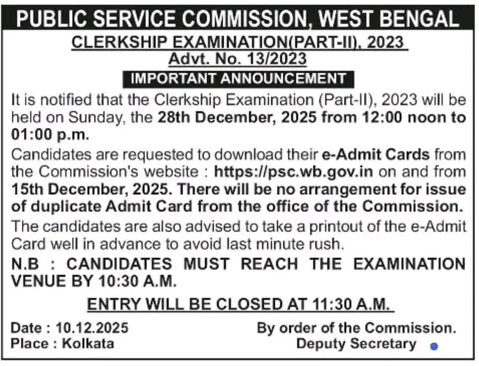 WBPSC Clerkship Mains Exam Date 2025 Out, Check Official Schedule_3.1