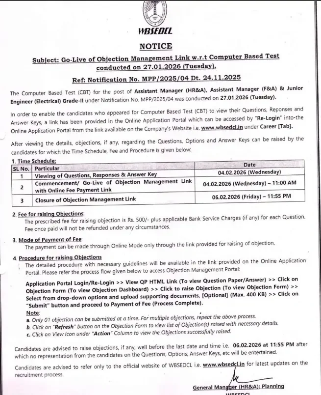 WBSEDCL Answer Key 2026 Out, JE & Assistant Manager Response Sheet PDF