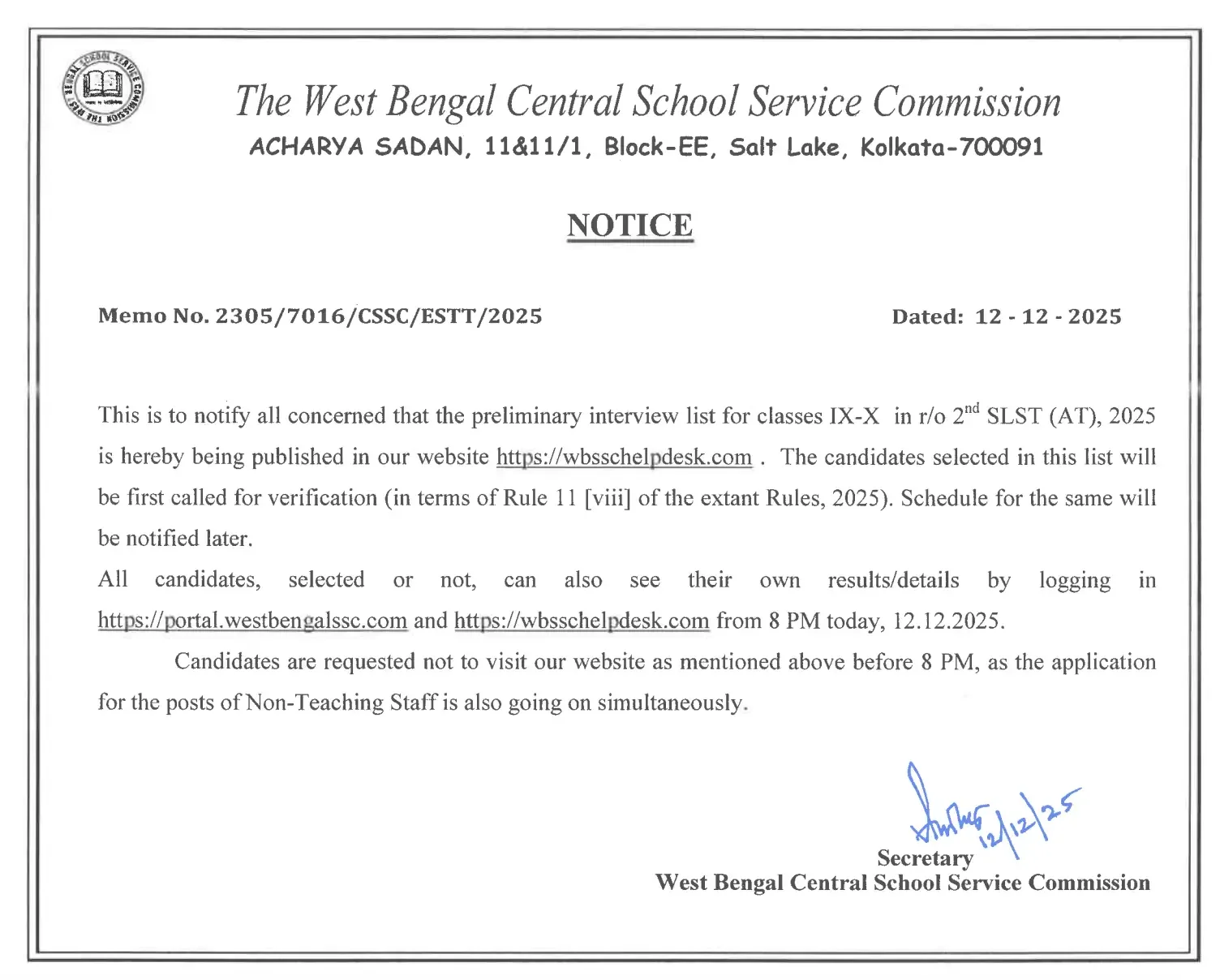 WBSSC SLST Interview List Overview